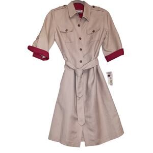 Kasper Trench Shirt Dress Button Up Petite Size 10 Red Trim, Belted, Fully Lined